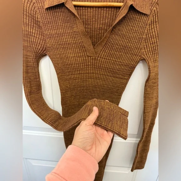 Helmut Lang Womens Dress Small Pecan Marl Stretch Knit Rib Mini Bodycon Designer - Picture 8 of 11